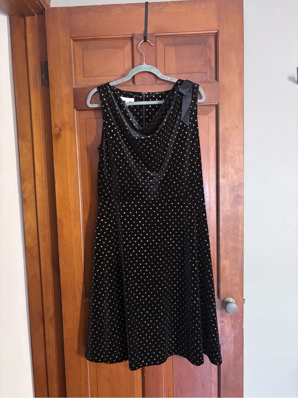 Talbots Black Velvet Midi Dress with Gold Polka Dots and Shoulder Bow